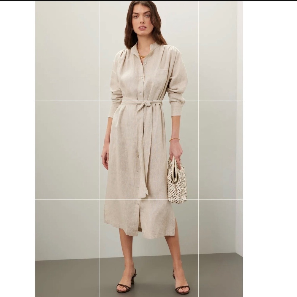 Fifteen Twenty Oatmeal 100%‎ Linen Belted Midi Shirt Dress Womens Small